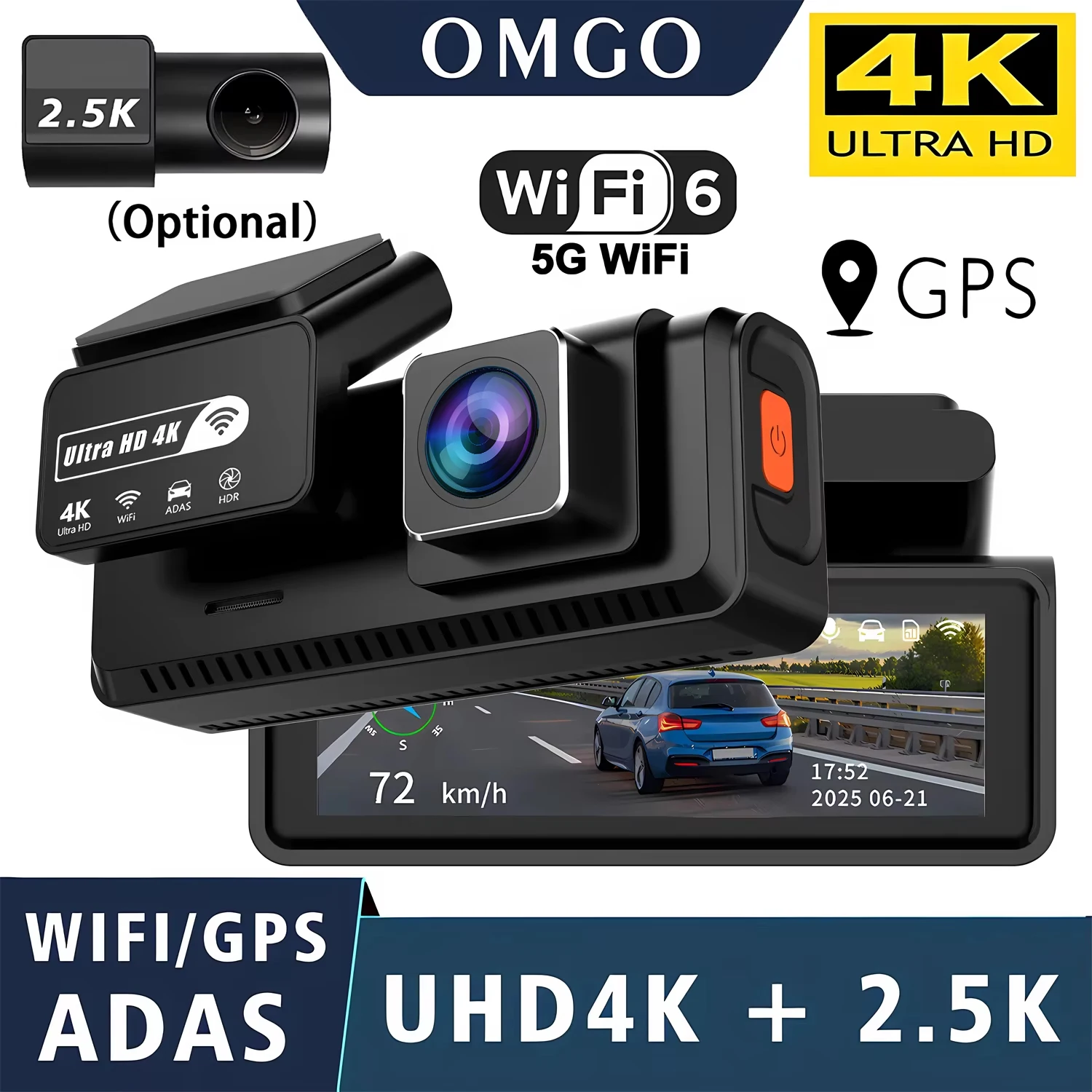 Caméra embarquée ADAS 4K+2.5K GPS WIFI Vision nocturne 24h Mini caméra embarquée avec objectif arrière en option Enregistreur vidéo DVR pour voiture Boîte noire