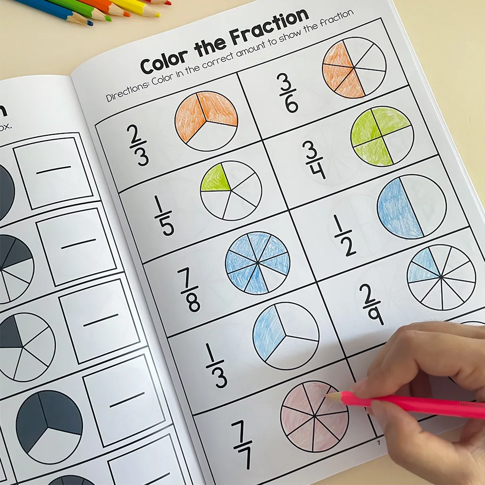 Cahier d'exercices de Fractions Montessori, outils pédagogiques pour l'apprentissage de l'arithmétique, livre de Test de formation cognitive des mathématiques pour l'école primaire de la 3e à 4e à l'école primaire