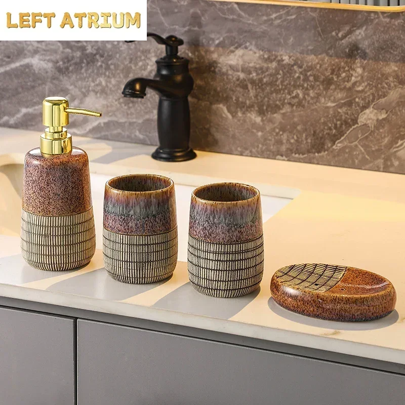 Accessoires de salle de bain, céramique rétro à motif de four, flacon de désinfectant pour les mains, porte-savon, gobelet pour bain de bouche, ensemble de salle de bain, ensemble de quatre pièces