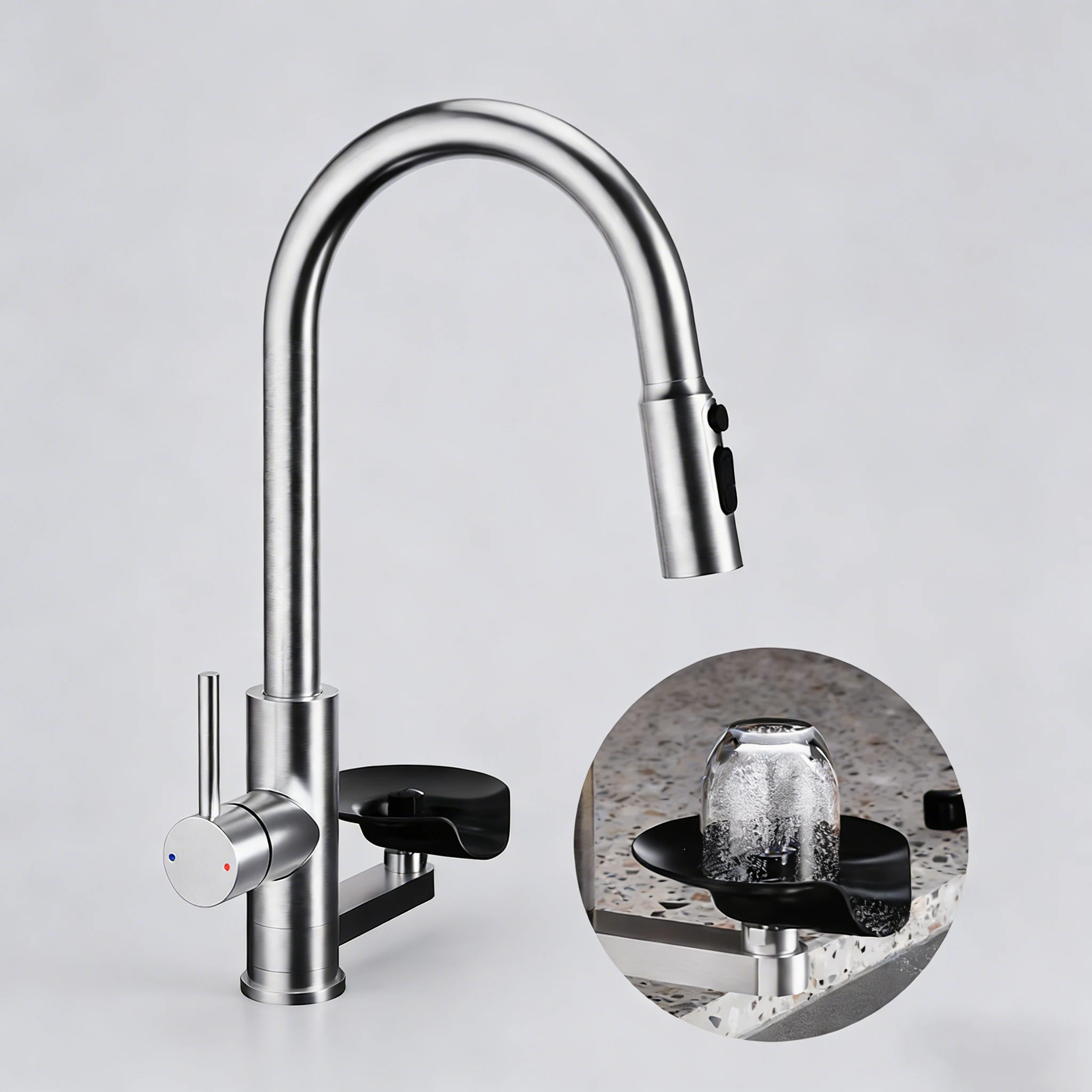Robinet de cuisine moderne haut de gamme avec lave-gobelet, bec extractible en nickel brossé, robinets de cuisine à un trou 360 ° Robinet mélangeur pivotant robinets cuisine Noir mitigeur cuisine