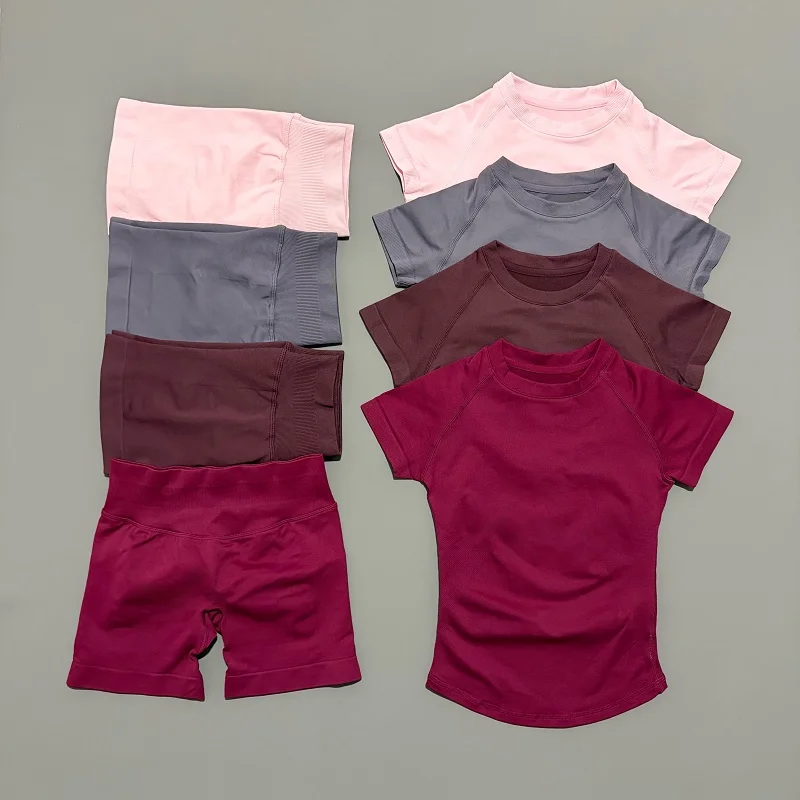 HISTELLO – ensemble de sport 2 pièces, haut de yoga sans couture à manches courtes, ensemble de fitness pour femmes, short de sport pour course à pied, tenue de sport