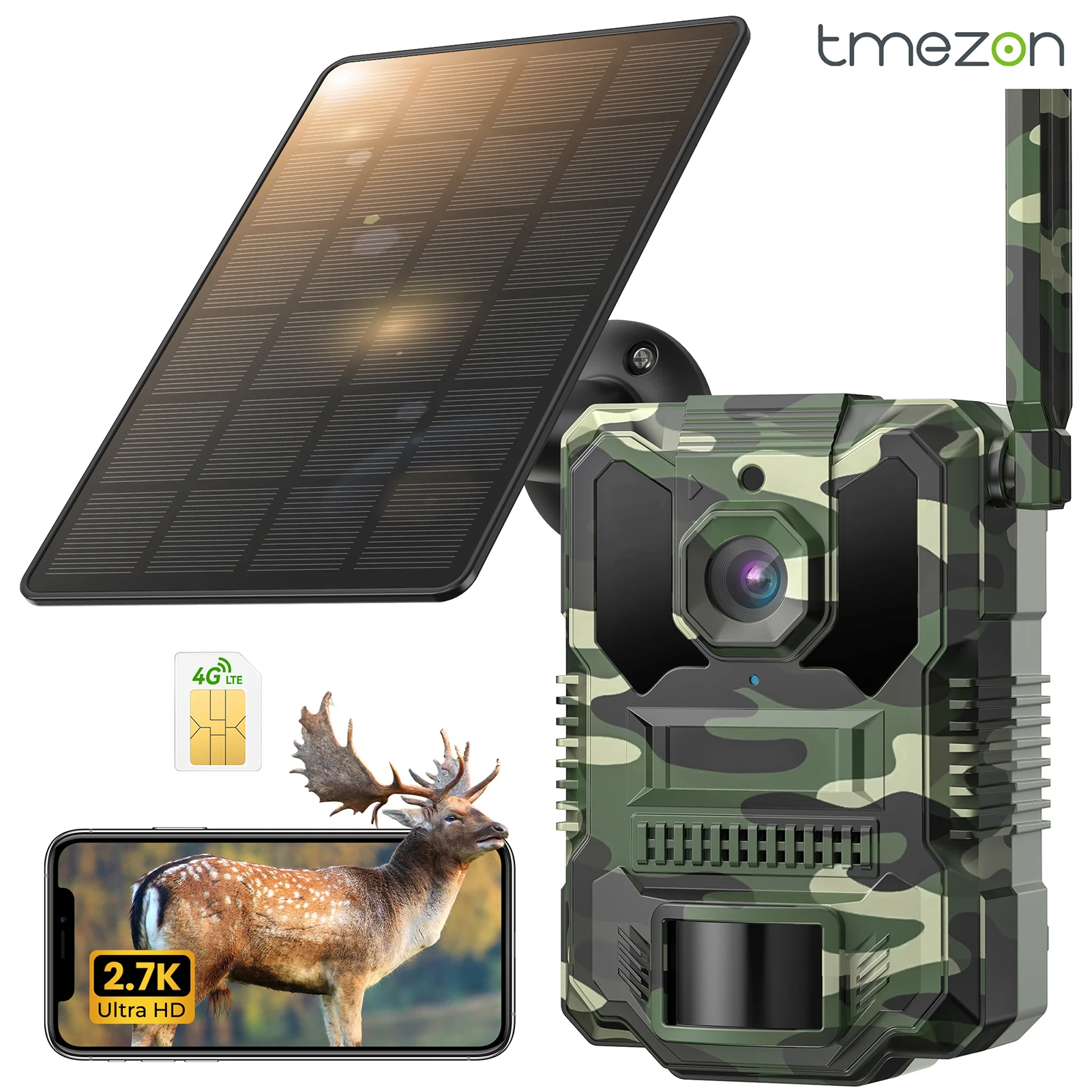 Caméra de chasse solaire TMEZON 4G LTE 2.7K avec application de transfert sur téléphone portable, capteur de mouvement PIR, vision nocturne (sans carte SD)