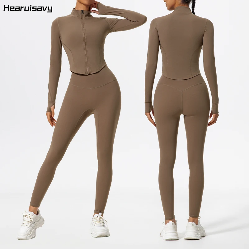 Ensemble de sport pour femme Hearuisavy, 2 pièces, tissus ultra-doux, manches longues, vêtements de yoga à séchage rapide, leggings de sport, veste de sport