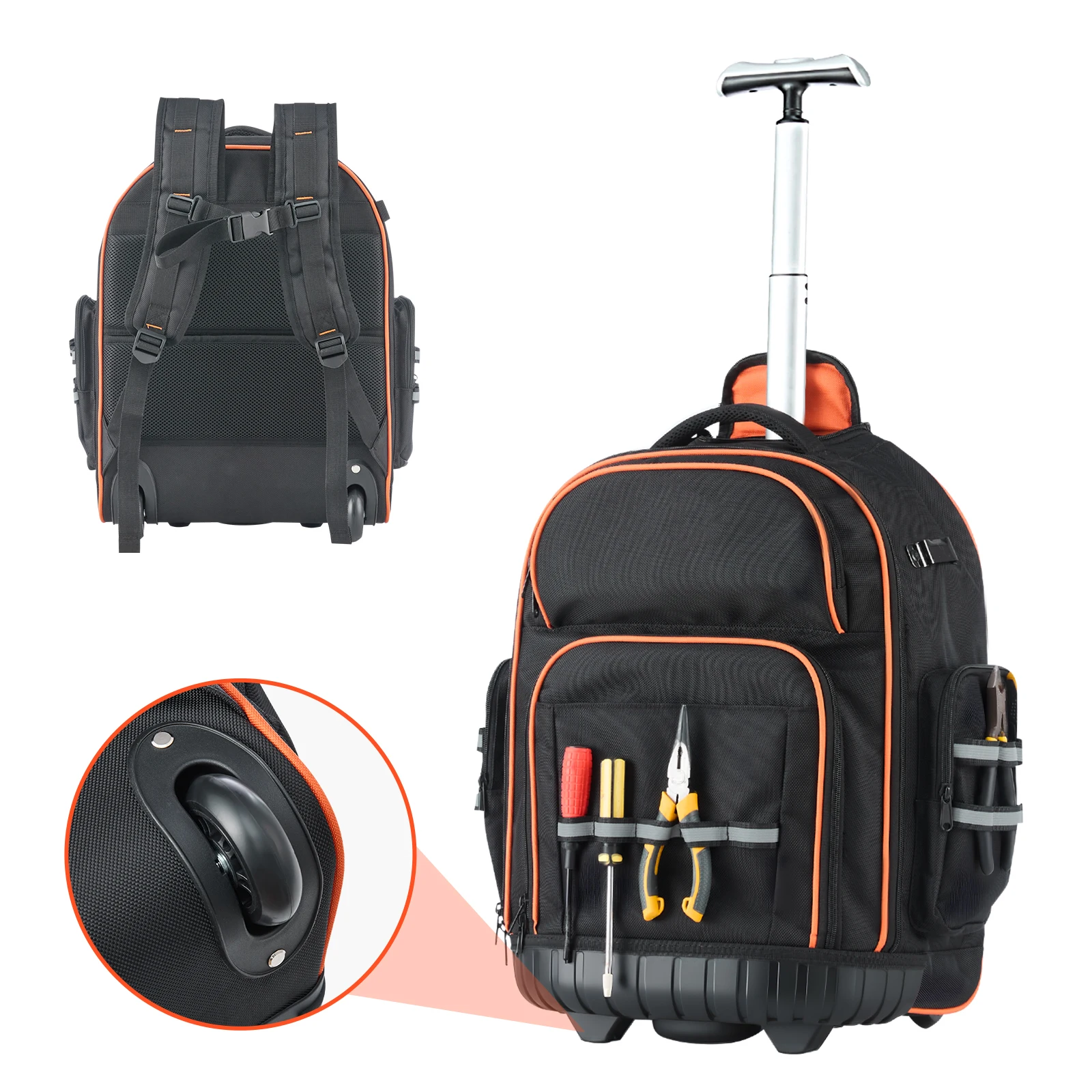 SucceBuy Sac à dos à outils roulant de 110 lb, sac à outils à roulettes de 14/15 pouces sur roulettes avec 45/72 poches, organisateurs de sacs à outils pour outils mécaniques