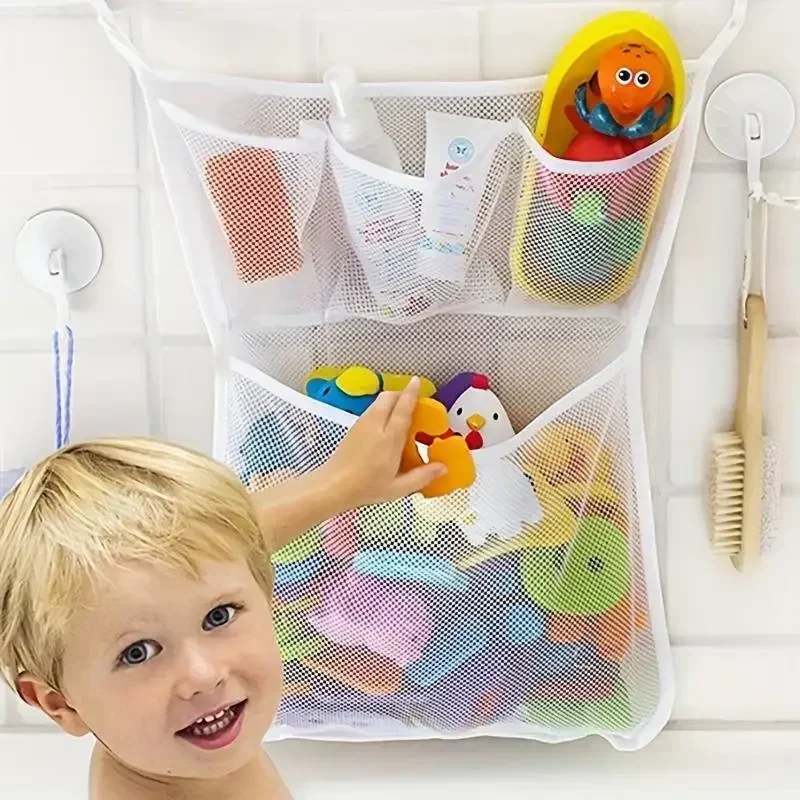 Sac en maille pour salle de bain de bébé, douche, rangement de jouets de bain avec ventouses fortes, pochette de rangement de jouets de salle de bain pour enfants en bas âge
