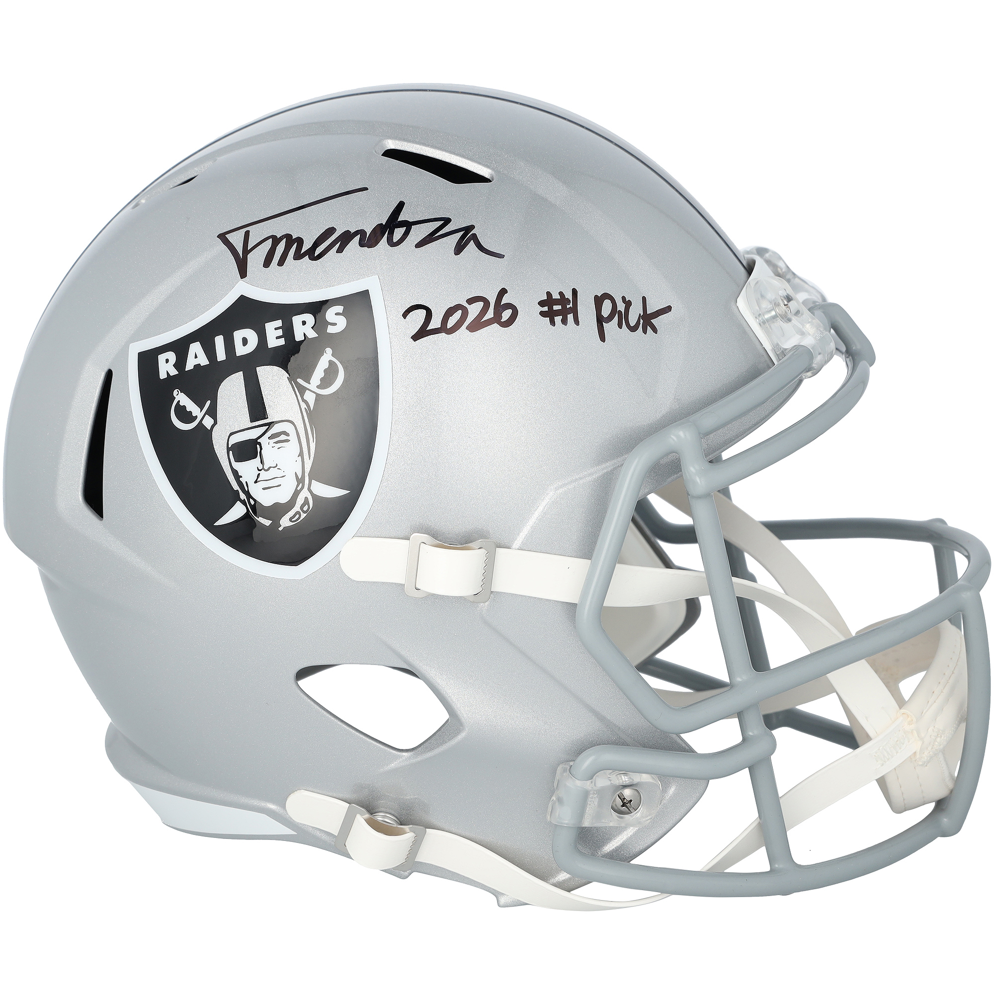 "Von Fernando Mendoza signierter Riddell Speed ​​Replica-Helm der Las Vegas Raiders mit der Inschrift „2026 #1 Pick“." Image