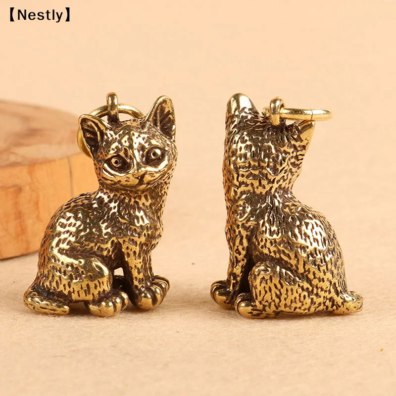 1 Stück Modischer Retro-Schlüsselanhänger aus reinem Kupfer mit Katzenmotiv, DIY-Hängezubehör, Schmuck, niedlicher Schlüsselanhänger-Anhänger〔Nest〕 Image