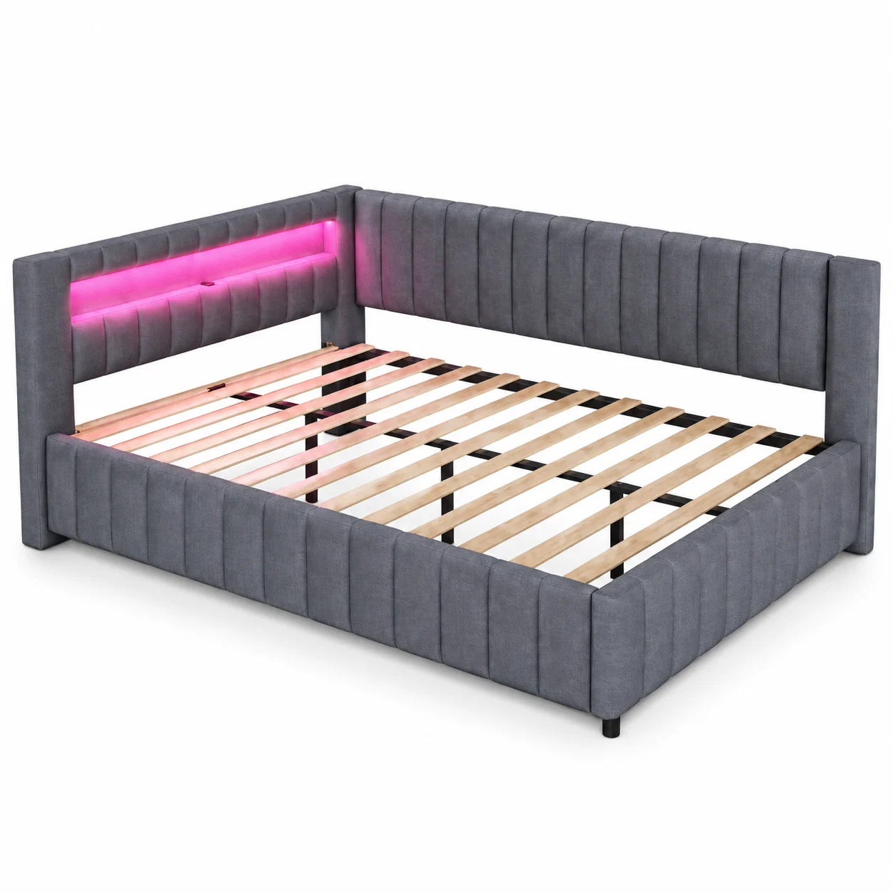 Polsterbett L-Form aus Samtstoff 140x200 cm Grau, modernes Schlafsofa mit individueller LED-Lichtleiste und integrierter USB-Ladestation, stabiler Lattenrahmen für Schlafzimmer und kleine Wohnungen Image