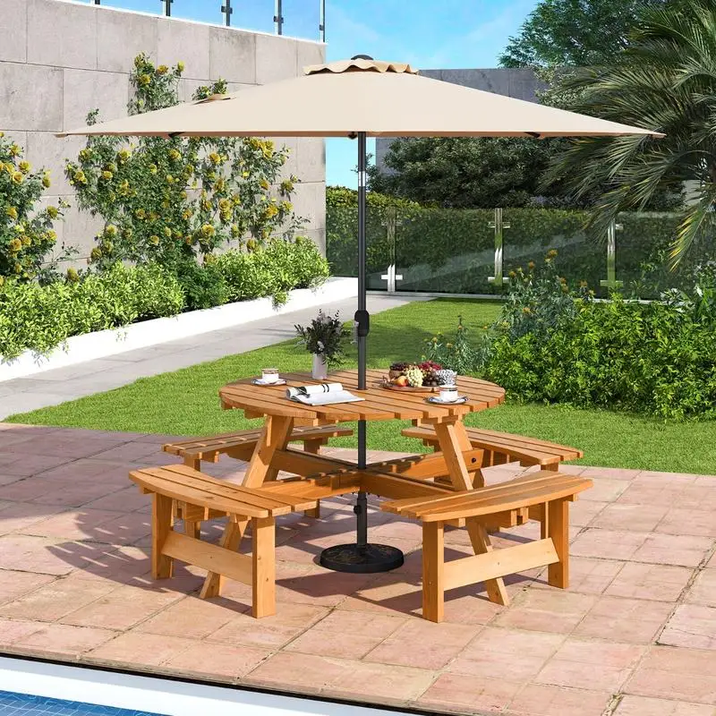 Picknicktisch-Set für 8 Personen mit Schirmloch & 4 Bänken Gartentisch aus Holz Runde Sitzgruppe Gelb Image