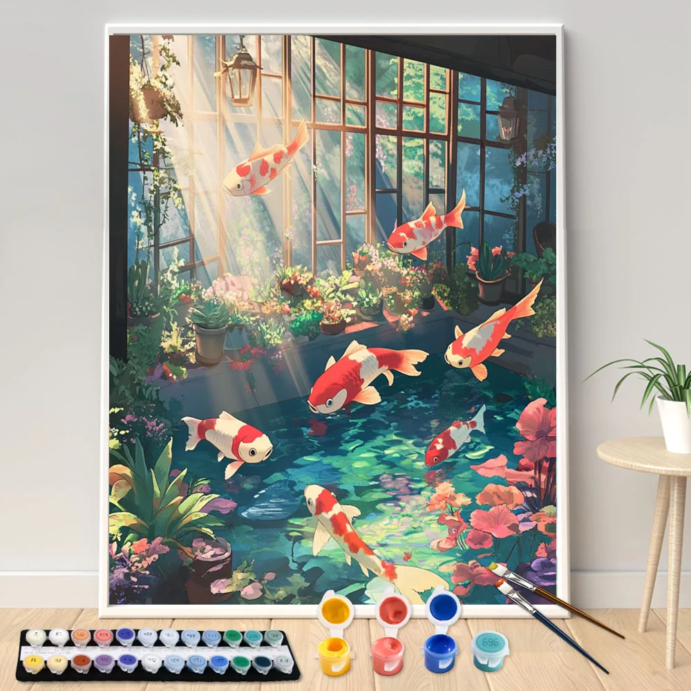 Malen nach Zahlen 40x50cm Set Sonnenschein-Glashaus Koi Bild nach Zahlen für Heimdekoration Handgemaltes DIY-Geschenk Image