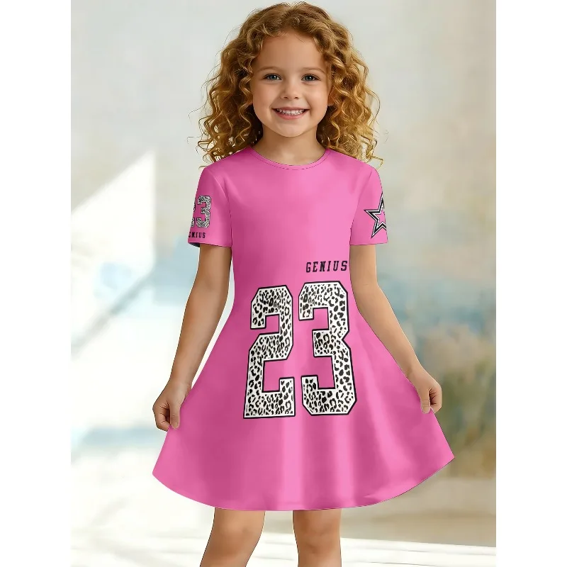 Mädchenkleid mit rosa Leopardenmuster, Größe 23, lässiges, kurzärmliges A-Linien-Kleid für Kinder, geeignet für Geburtstagsgeschenke und Partys