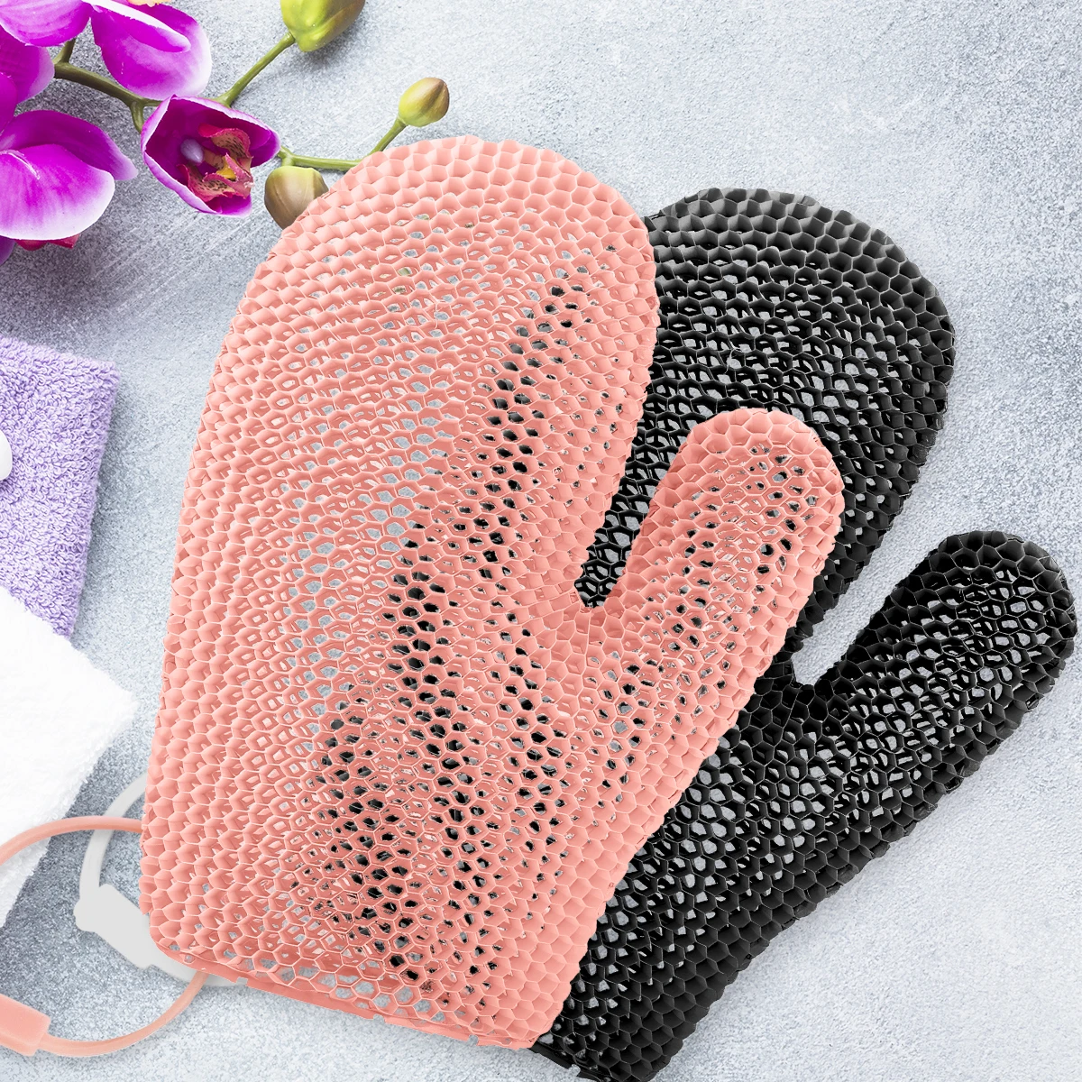 2-teilige TPU-Peeling-Badehandschuhe – weich und sanft auf der Haut, schafft reich an, leicht zu reinigen, atmungsaktives Design, eine Essenz Image