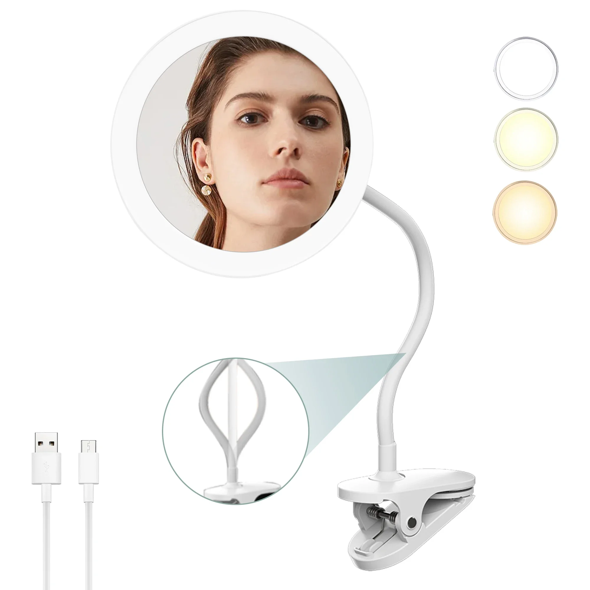 TUSHENGTU 6,5" Clip-on-Schminktischspiegel mit Licht, flexibler Schwanenhals-Reisespiegel mit 10-facher Vergrößerung, USB-Aufladung Image