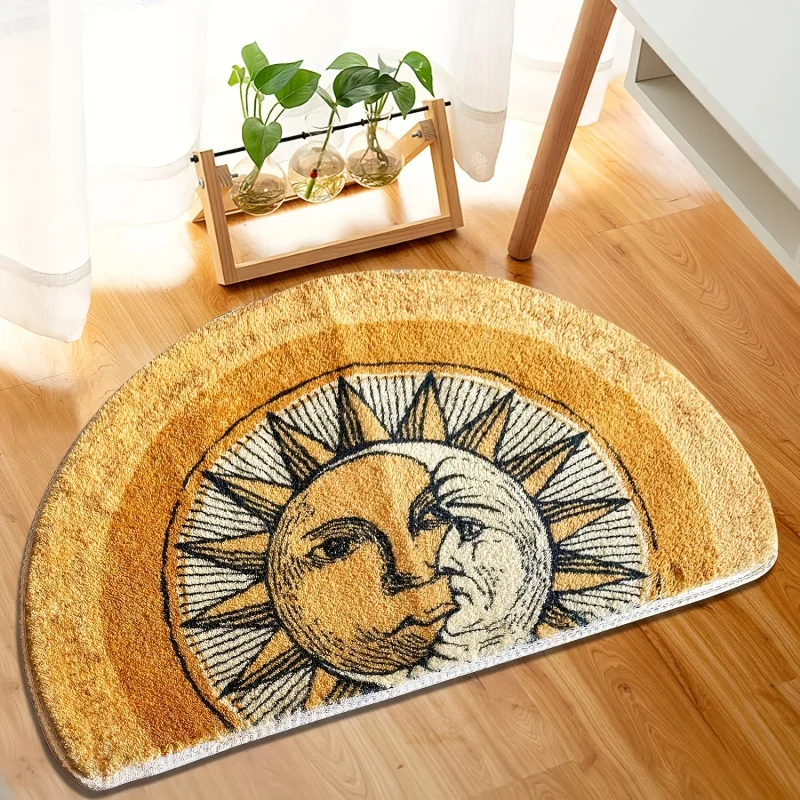 VIKAMA Halbrunder Teppich mit Vintage-Sonnen- und Mondmuster, für Schlafzimmer, Badezimmer und Dusche, rutschfeste Bodenmatte, Heimdekoration Image
