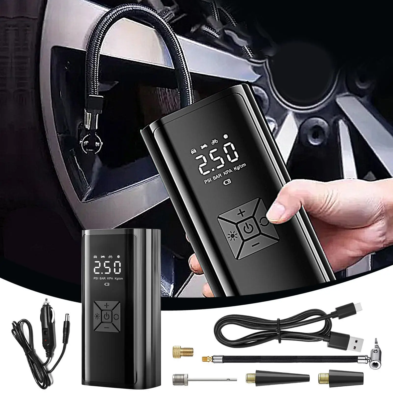Luftkompressor, tragbare Kfz-Luftpumpe, kabelloser Reifenfüller mit LED-Anzeige für Auto, Reisen, Motorrad, Zuhause, Wohnmobil Image