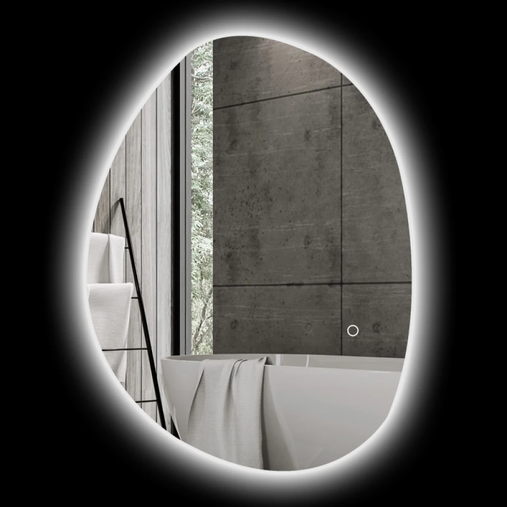 70×50cm asymmetrischer LED-Badezimmerspiegel in Silber, ausgestattet mit Smart-Touch-Schalter und Antibeschlag-Funktion, stilvoll für den Badezimmergebrauch.