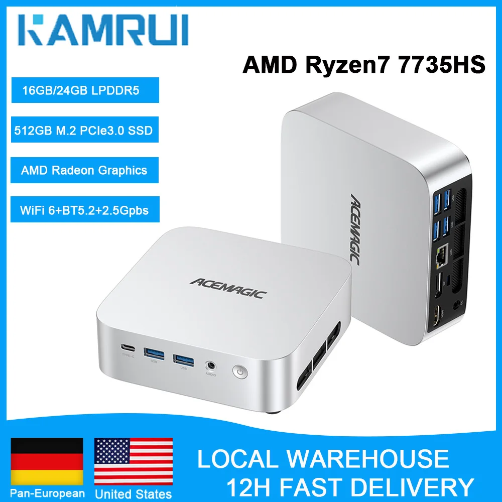 Mini PC KAMRUI AMD Ryzen 7 7735HS, 8 cœurs, 16 threads, 24 Go de mémoire LPDDR5, 512 Go de SSD NVMe PCIe3.0, WiFi 6, carte graphique Radeon, ordinateur de bureau pour jeux 4K