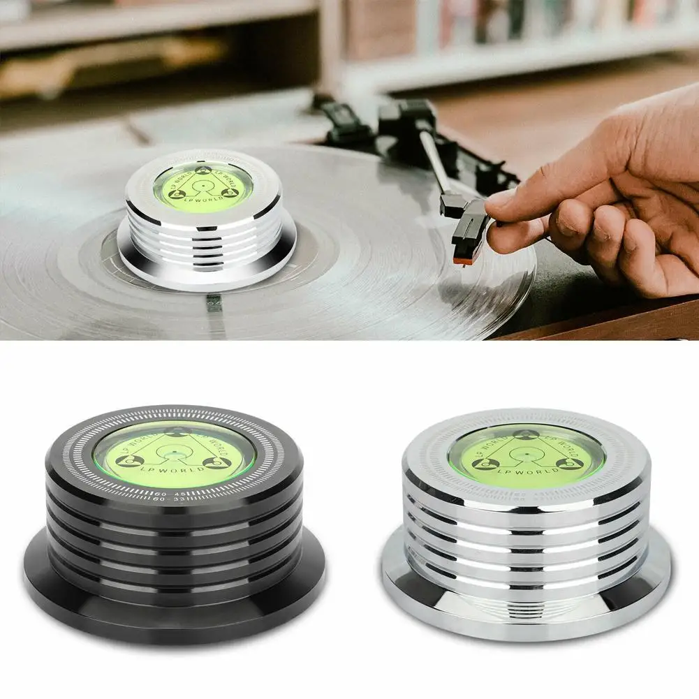 Schwarzer Schallplatten-Stabilisator, 60 Hz, LP-Vinyl, alte Schallplatten-Stabilisatorklemme, Legierungsgewicht mit Geschwindigkeitsmessung, Füllstandsanzeige, Schwarz ﻿ Image