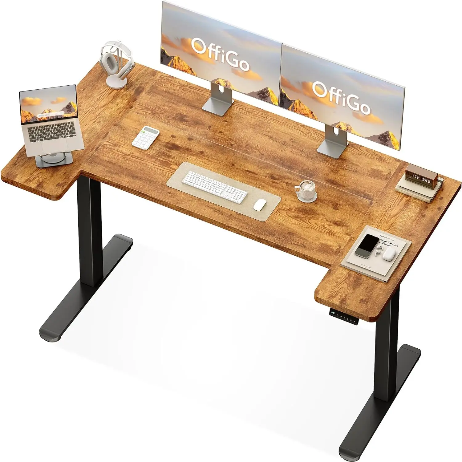 OffiGo U-förmiger höhenverstellbarer Schreibtisch, 160x74 cm, Bürotisch mit Speicherfunktion für das Home Office, leiser Motor, Sitz-Steh-Funktion, Vintage-Braun