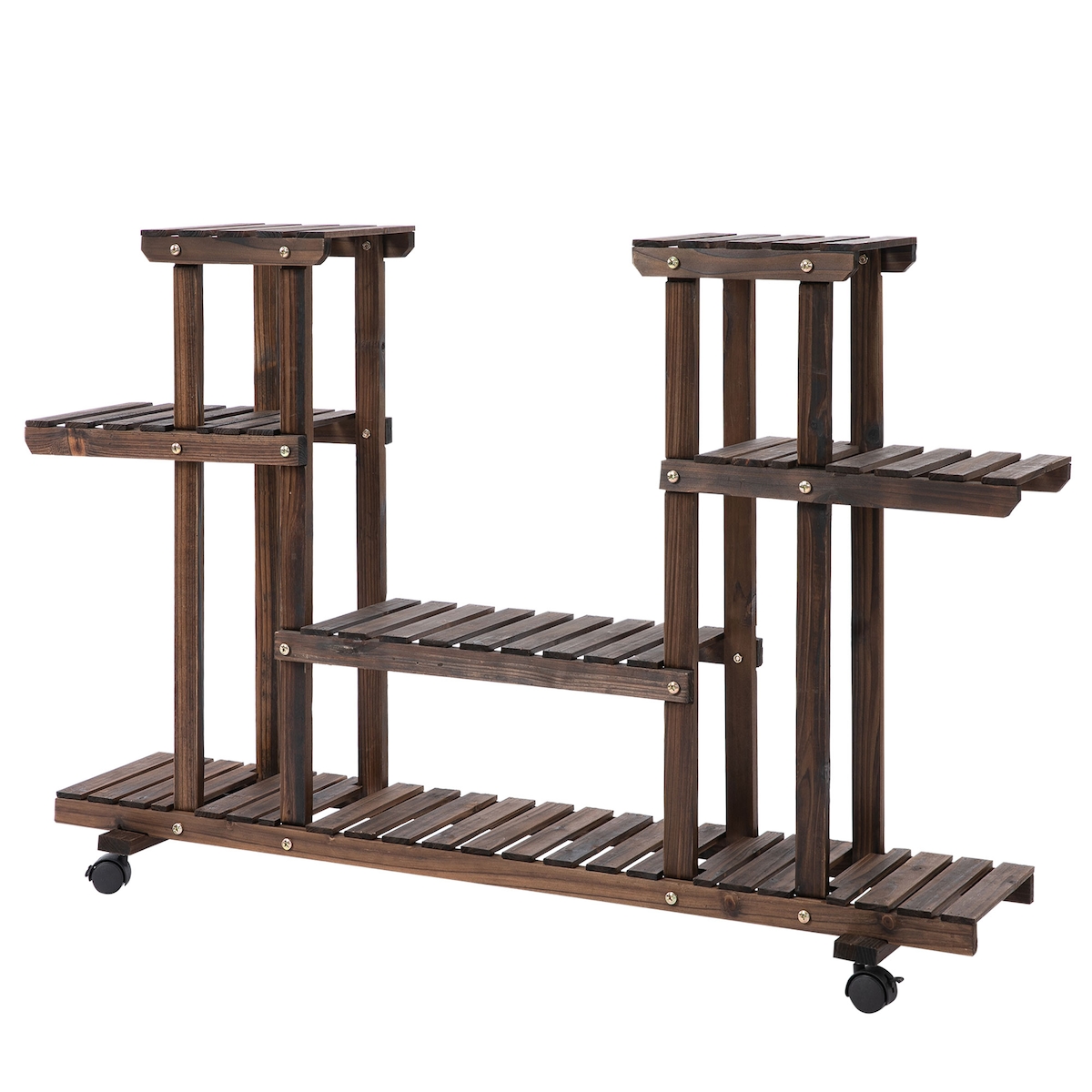 OKWISH Pflanzenregal Holz dunkelbraun 123,5x33x80 cm mit 6 Ablagen und 4 Rollen Image