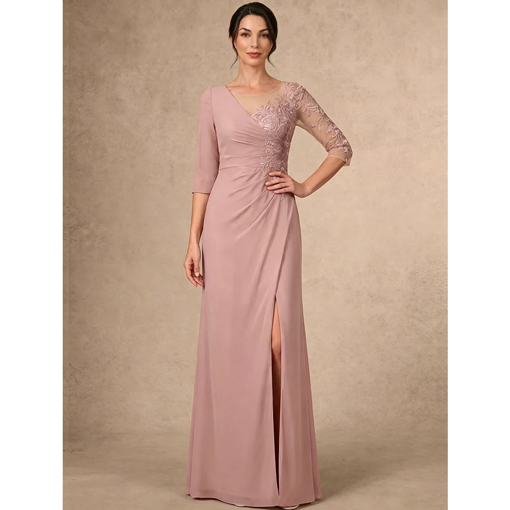 Rosa Chiffon-Kleid für die Brautmutter 2026, 3/4-Ärmel, elegantes formelles Hochzeitsgastkleid, Abendkleid mit Applikationen, maßgeschneidert