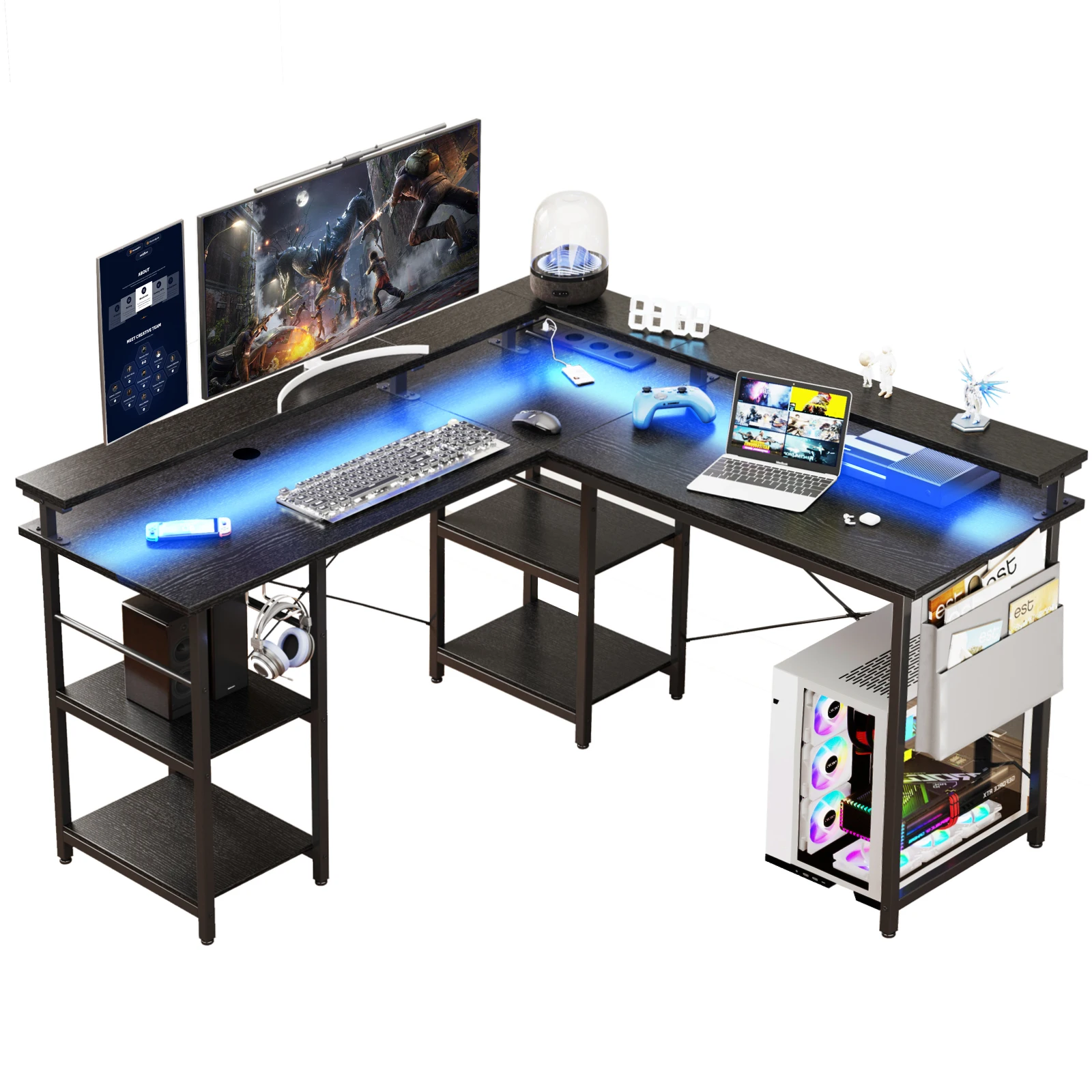 LED Gaming Schreibtisch in L-Form 230 cm Eckschreibtisch mit Monitoraufsatz Steckdosenleiste USB/Type-C Regalen und Seitentasche
