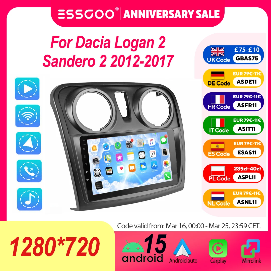 ESSGOO 9 Zoll Touchscreen Für Dacia Logan 2 Sandero 2 2012-2017 Android 15 Autoradio Multimedia Player Apple Carplay Android Auto Wireless SWC RDS Mirror Link GPS Navigation Bluetooth ASP Sound Geteilter Bildschirm USB Image