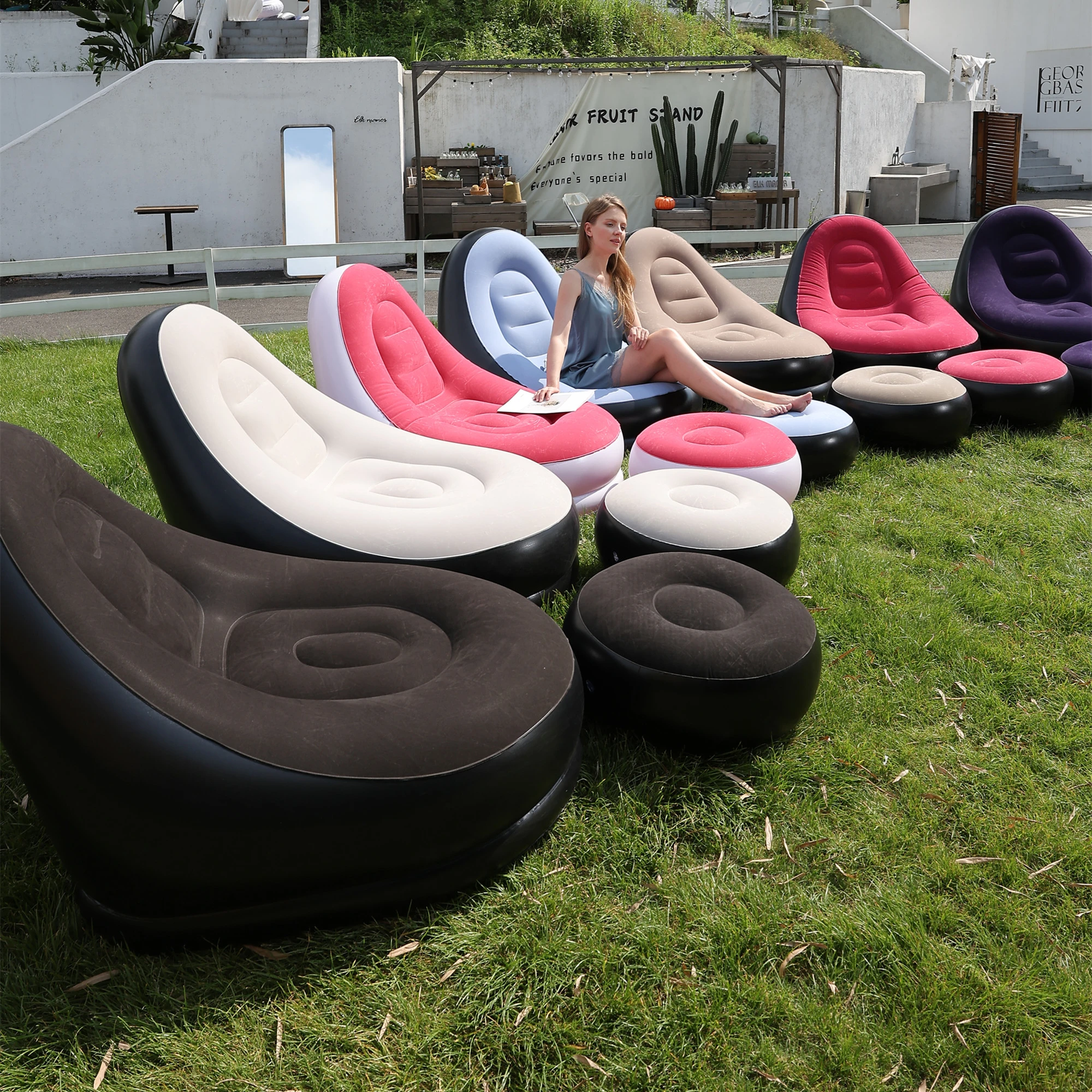 Lazy Couch Sofas, aufblasbarer Stuhl, faltbarer Liegestuhl, Outdoor-Sofabett, Fußhocker, tragbar, zusammenklappbar, Luftbett, Mittagessen, Lounge-Stuhl-Set