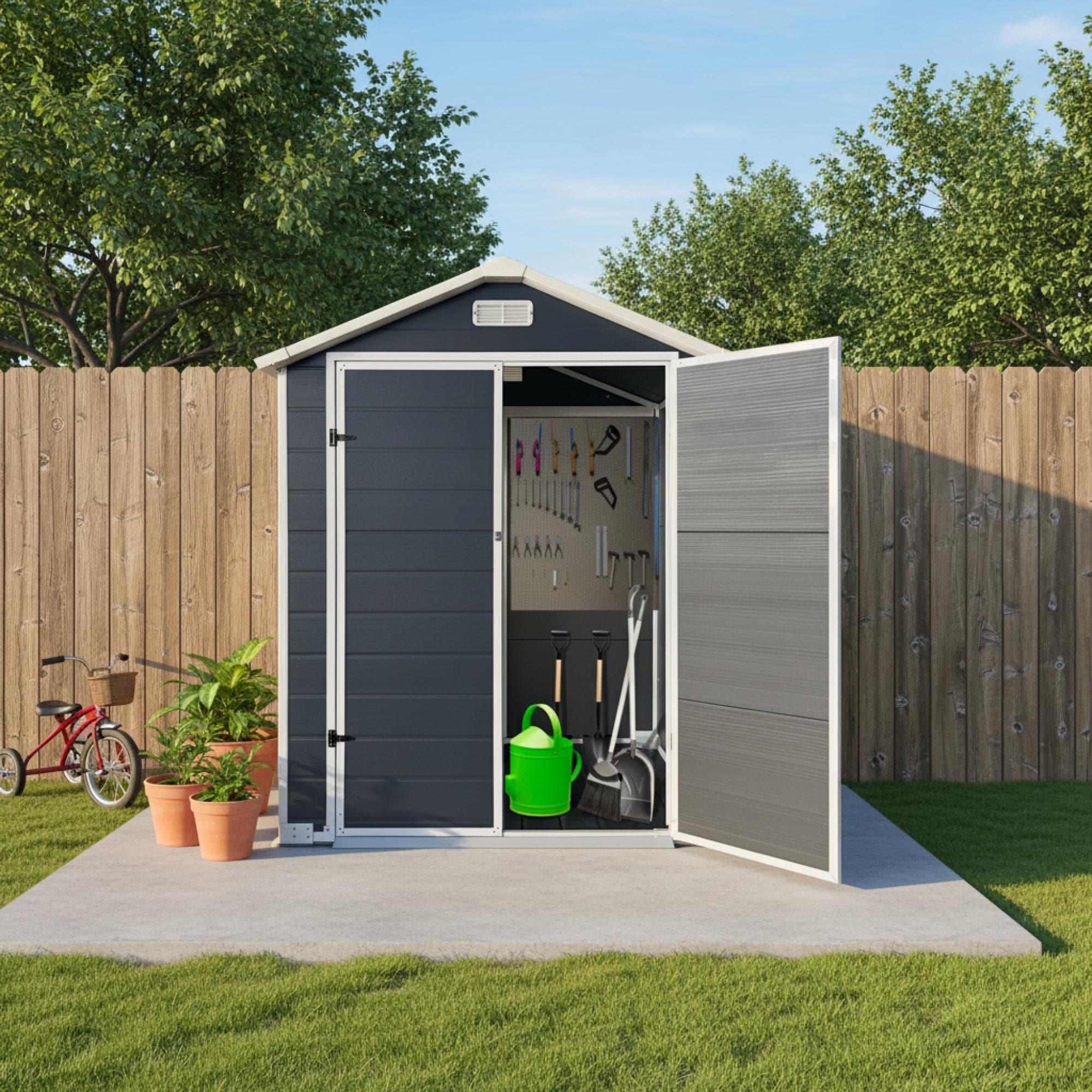 Roomfitters 6ft x 4ft Plastic Storage Shed Outdoor Backyard Resin Garden House Double Door Lockable Tool Box Vents, Grey