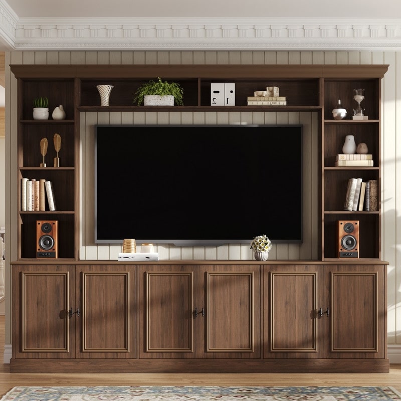 4-Piece Wall Unit Entertainment Center with Bookshelf for TVs Up to 70", Mid-Century Modern 97.4" TV Stand with Adjustable Shelf