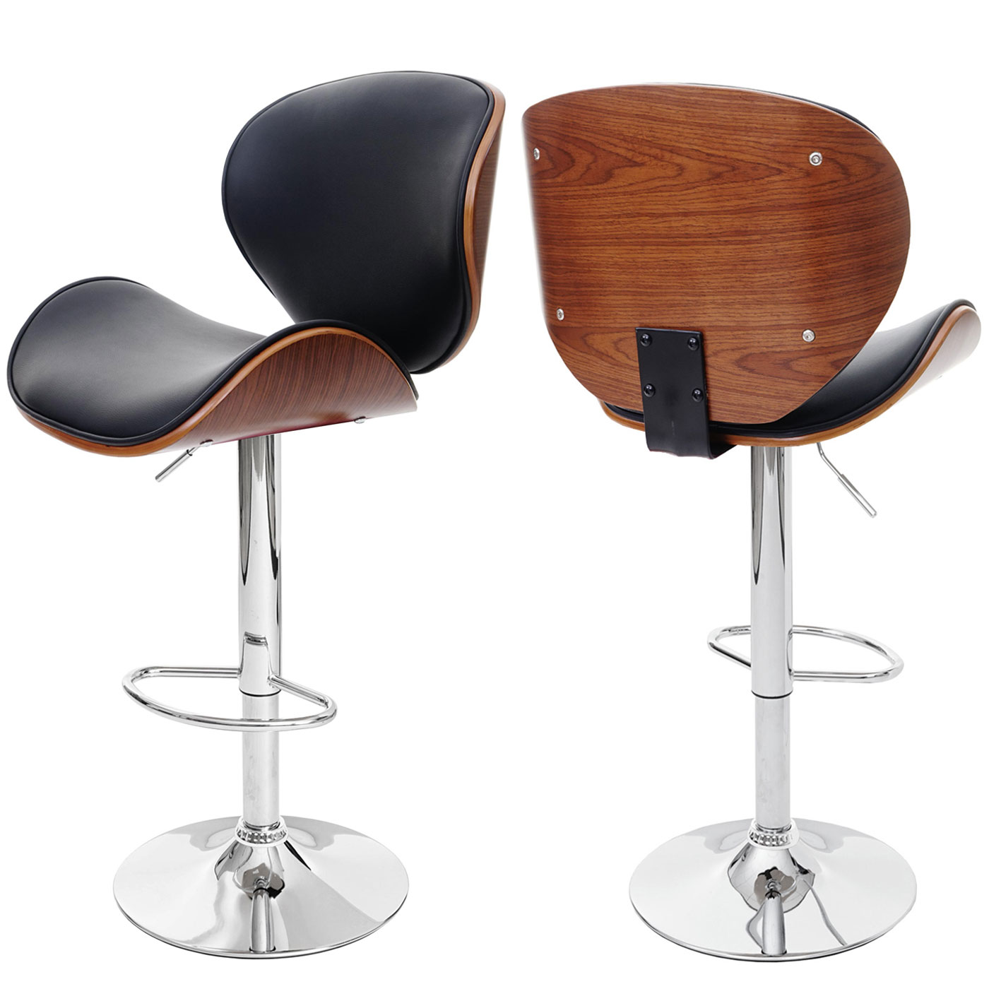 Barhocker Foxrock, Barstuhl, Holz Bugholz Retro-Design ~ Walnuss-Optik, Kunstleder schwarz Image