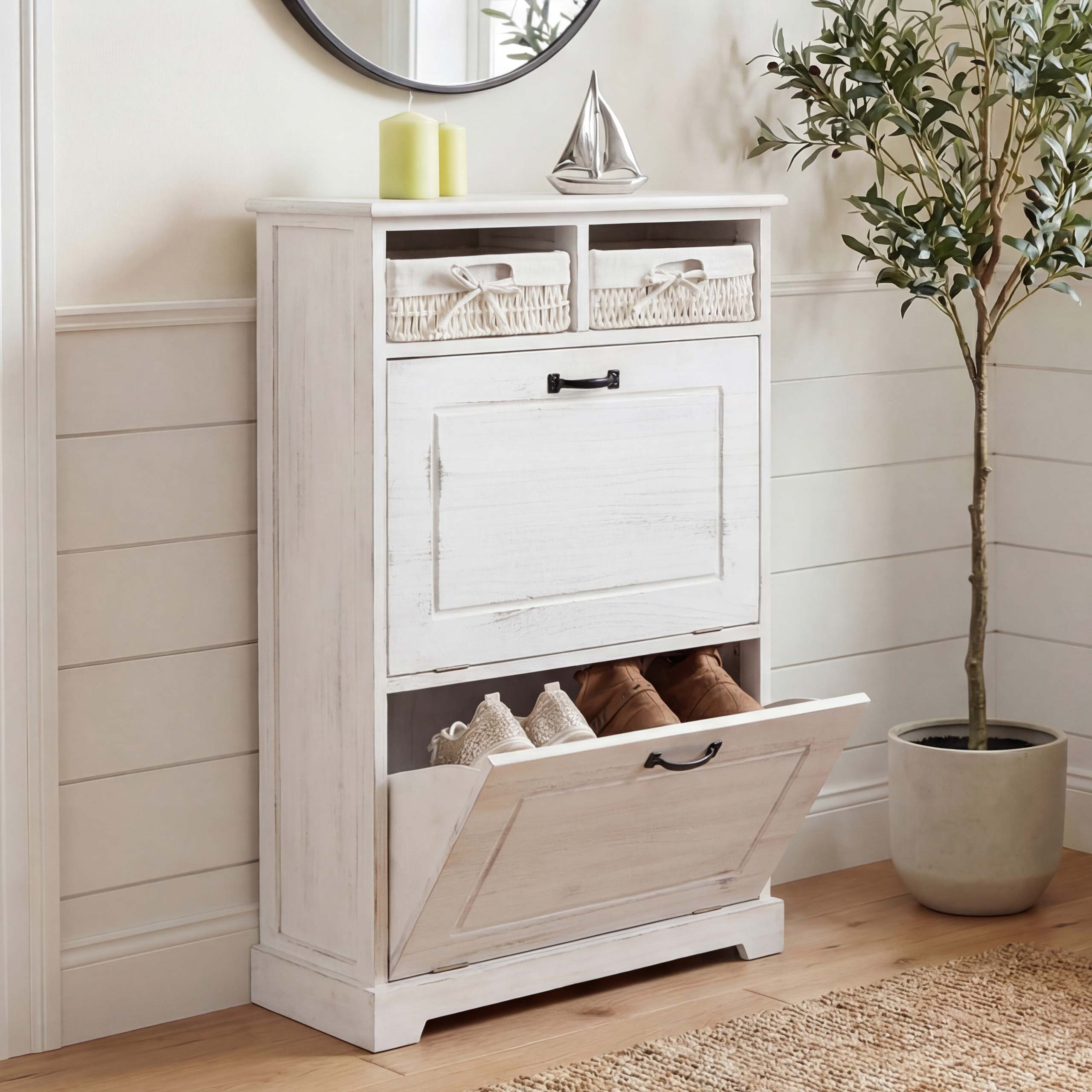 Schuhkipper HWC-H19, Schuhschrank Schuhregal Schuhablage, Massiv-Holz Shabby-Look Korb-Schublade 100x60x24cm ~ weiß