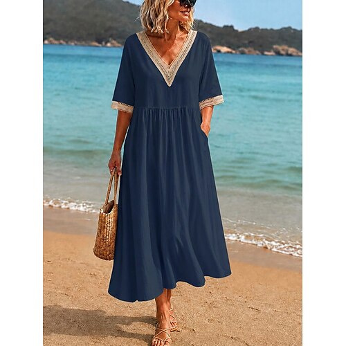 Damen Midikleid Spitzenkleid Weißes Kleid Sommerkleid Elegant Mode Täglich Strand Urlaub Lässiger Schnitt Einfach Halbarm V Ausschnitt Weiß Marineblau Leicht Blau Sommer Frühling Image