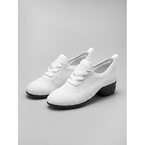 Weiße, atmungsaktive Mesh-Tanzschuhe für Damen – leichte, flexible Schnürschuhe für den Gesellschaftstanz Jazz-Übungsschuhe mit niedrigem Absatz für Latin, Salsa Tanztraining Image