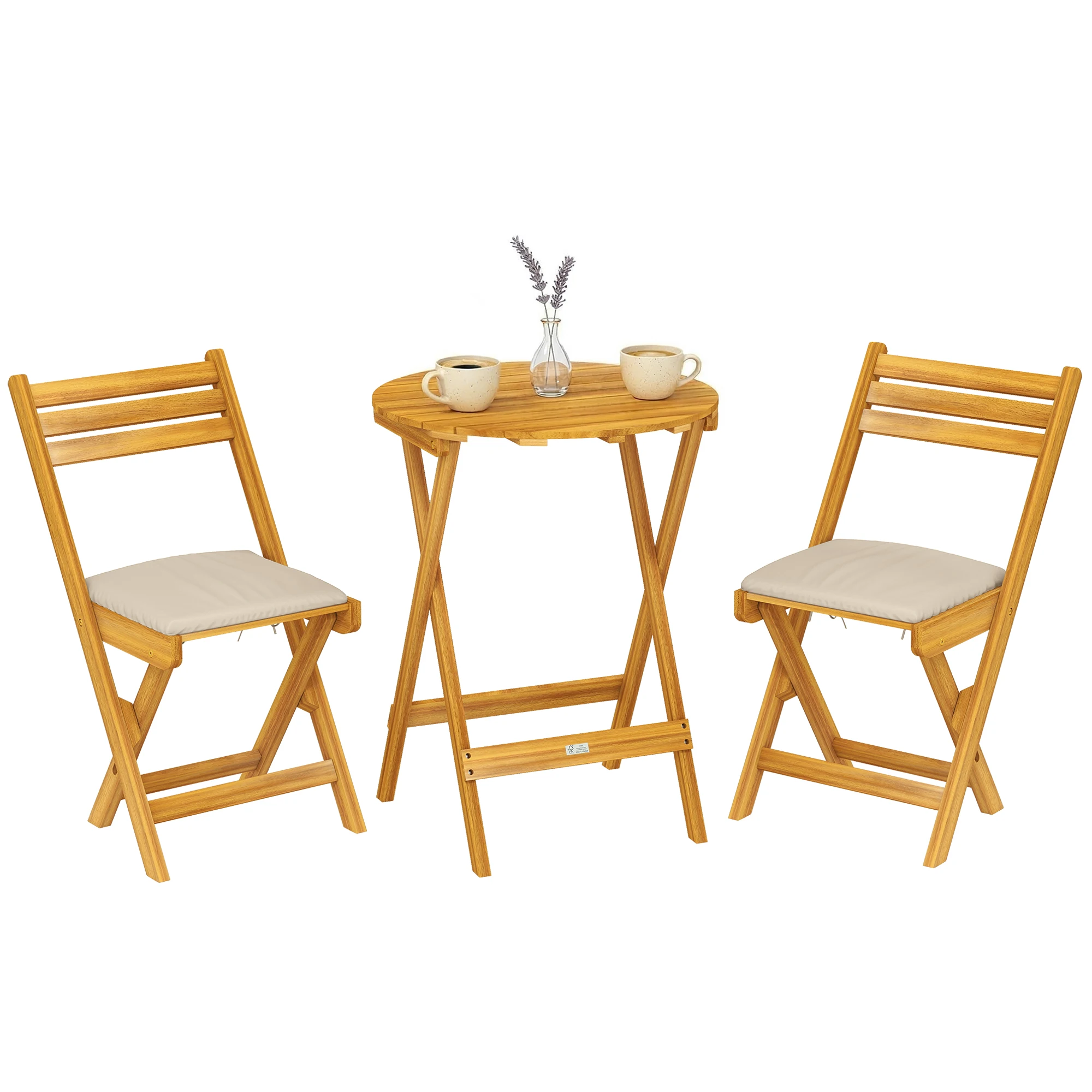 3-teiliges klappbares Balkonmöbel-Set, FSC-Holz, runder Tisch, 2 Stühle mit atmungsaktiven Kissen, Garten- und Terrassendekoration