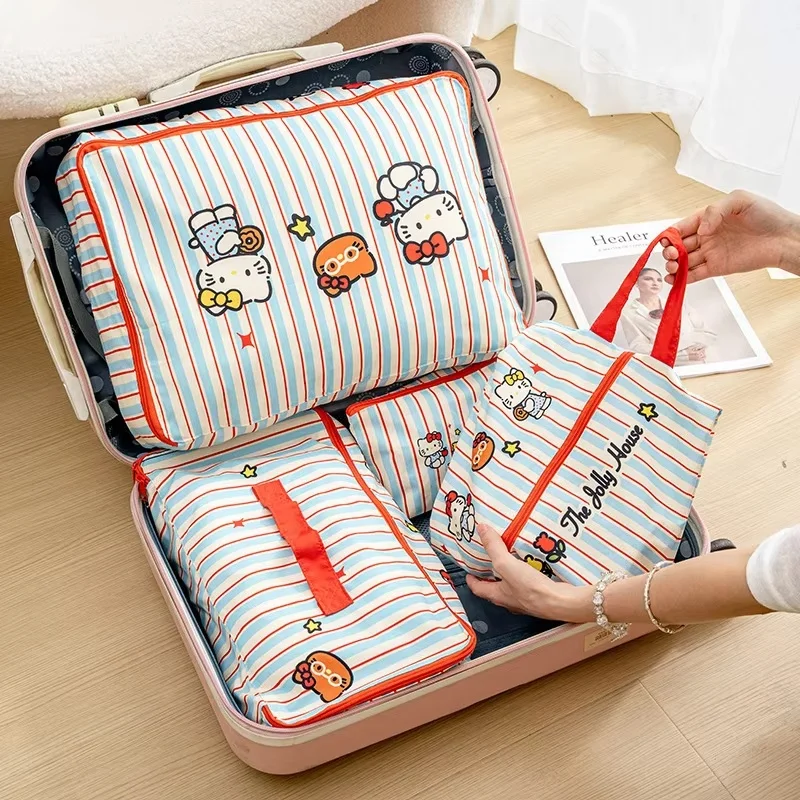 Hello Kitty Reise-Aufbewahrungstaschen, wasserdicht, gestreift, Koffer-Pack-Organizer für Kleidung, Unterwäsche, Schuhe, Organisation, Geschenk