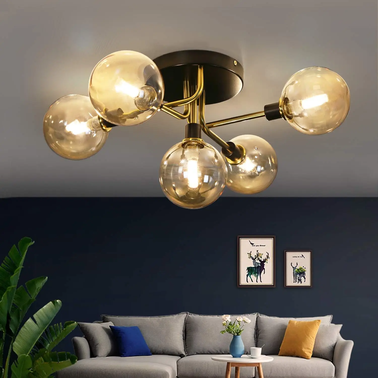 Plafonnier pour salon, lampe de plafond pour chambre à coucher avec 5 boules de verre, douille G9, lampe de salon, lampe de chambre à coucher, éclairage intérieur, lampe couronne, lampe de salle à