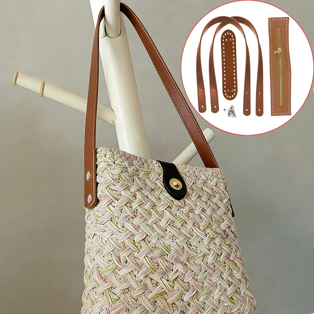 4-teiliges Set: 45cm Taschenriemen + Druckknopf + 18cm Taschenboden + 27cm Reißverschluss-Strick-Taschenbodenriemen Zubehör Handgefertigter gewebter Taschengriffriemen Zubehör für die Herstellung von Image