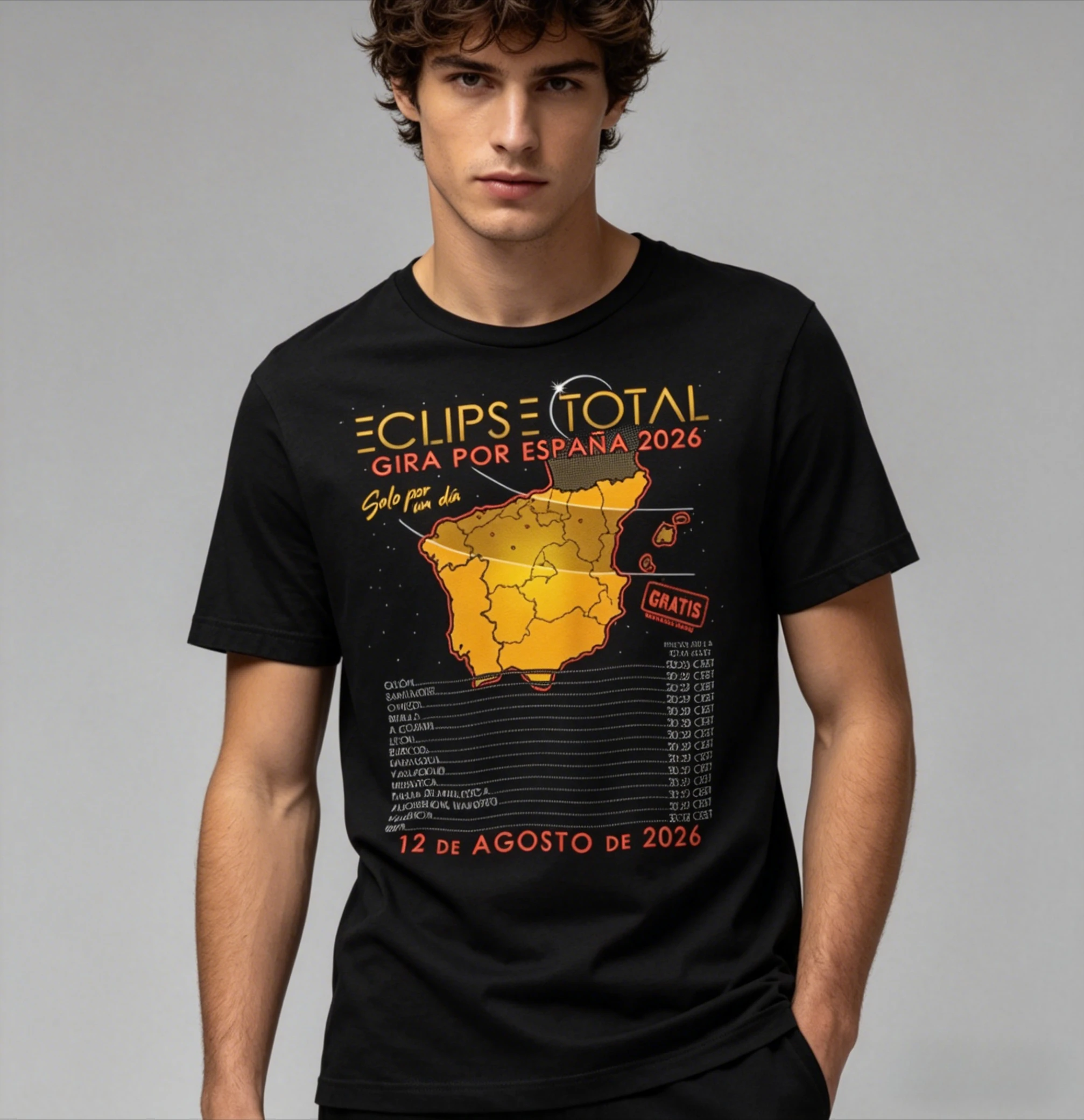 Herren-T-Shirt, modische Streetwear, Total Solar Eclipse 2026 Tour of Spain, 12. August 2026, T-Shirt für Männer und Frauen, Streetwear, Hip Hop