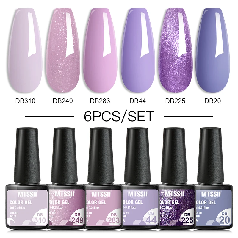 6 Teile/satz Glitter Lila Serie Gel Nagellack Frühling Rosa Blau Grün Einfache Nail art Gel Lack Soak Off UV Gel maniküre Kit Image