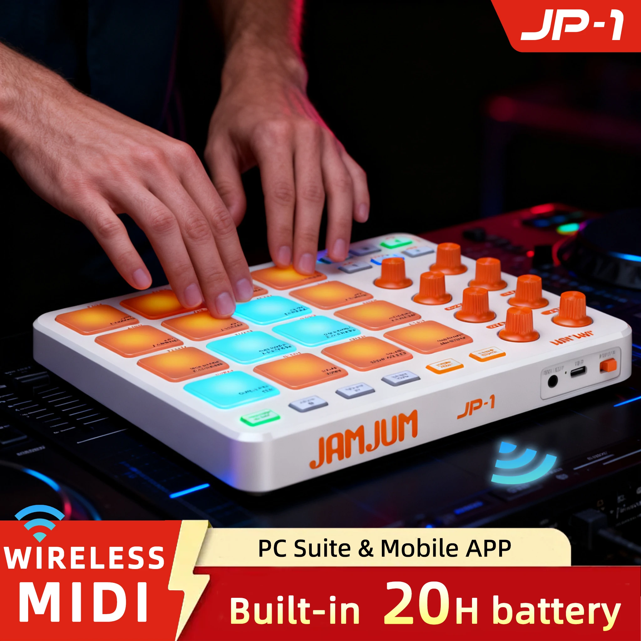 JAMJUM Kabelloser MIDI-Controller-Pad RGB-Hintergrundbeleuchtete LED-Pads, Kompaktes Tragbares Design Image