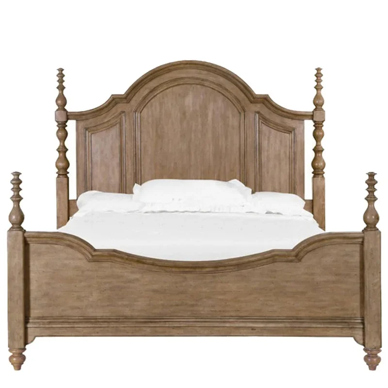 Amerikanisches Landhaus-Massivholzbett im Retro-Stil, altbraunes Schlafzimmer-Prinzessinnenbett, mittelalterliches französisches, leicht luxuriöses, schlichtes Doppelbett Image