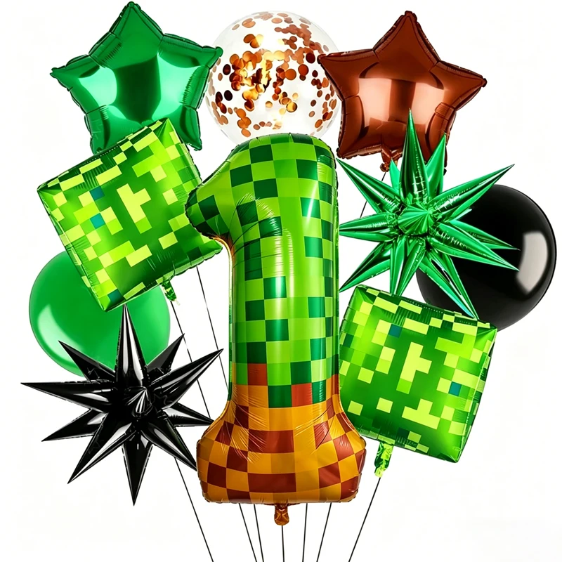 1/10 Stück Pixel Miner Zahlen-Folienballon Grün 40 Zoll Großer Mylar Mining Braune Pixel-Würfel Boxen Videospiel Geburtstagsparty Deko Image