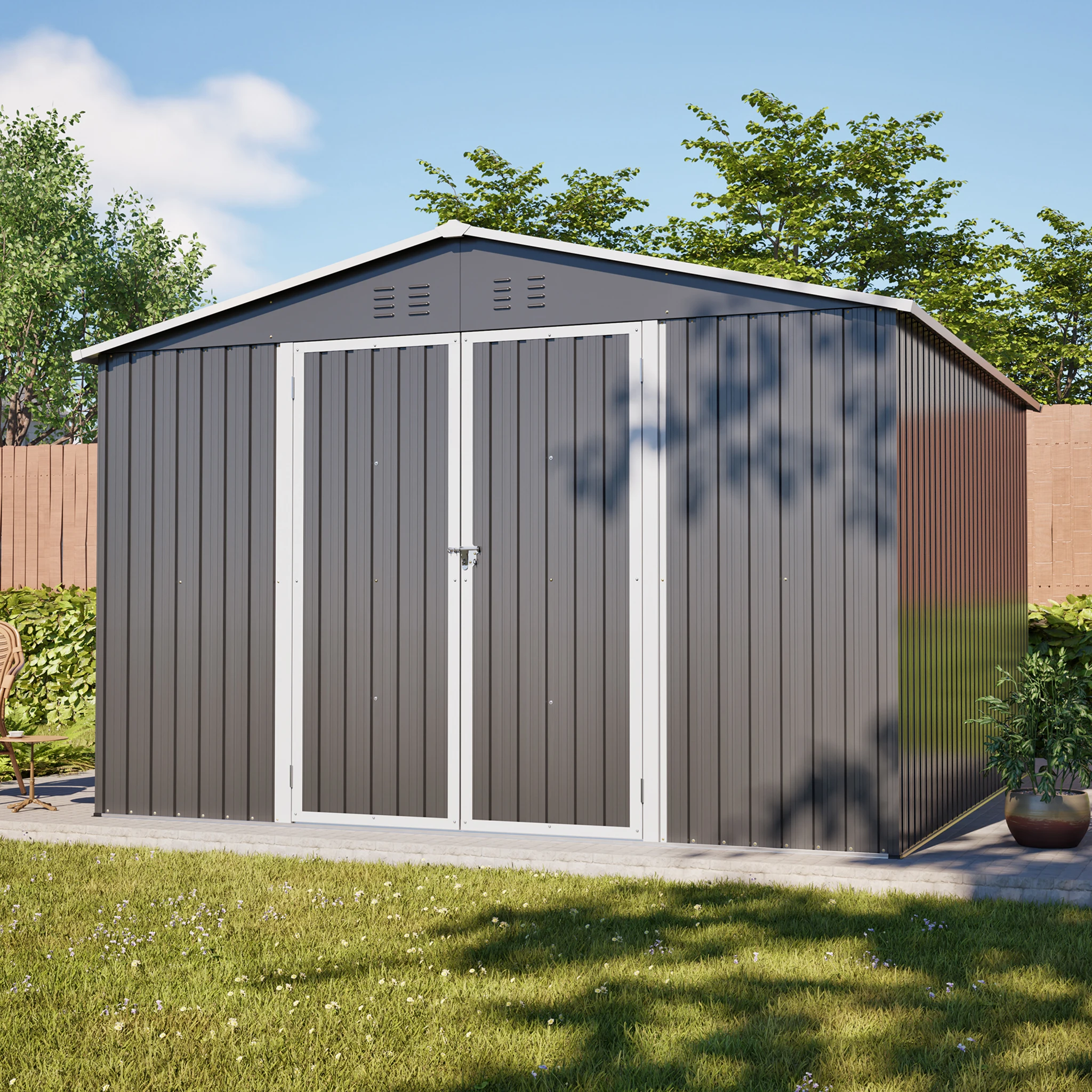 Abri de jardin en métal gris 10'x10' avec structure de plancher, abri de jardin en acier robuste, portes verrouillables et résistant aux intempéries pour jardin et terrasse