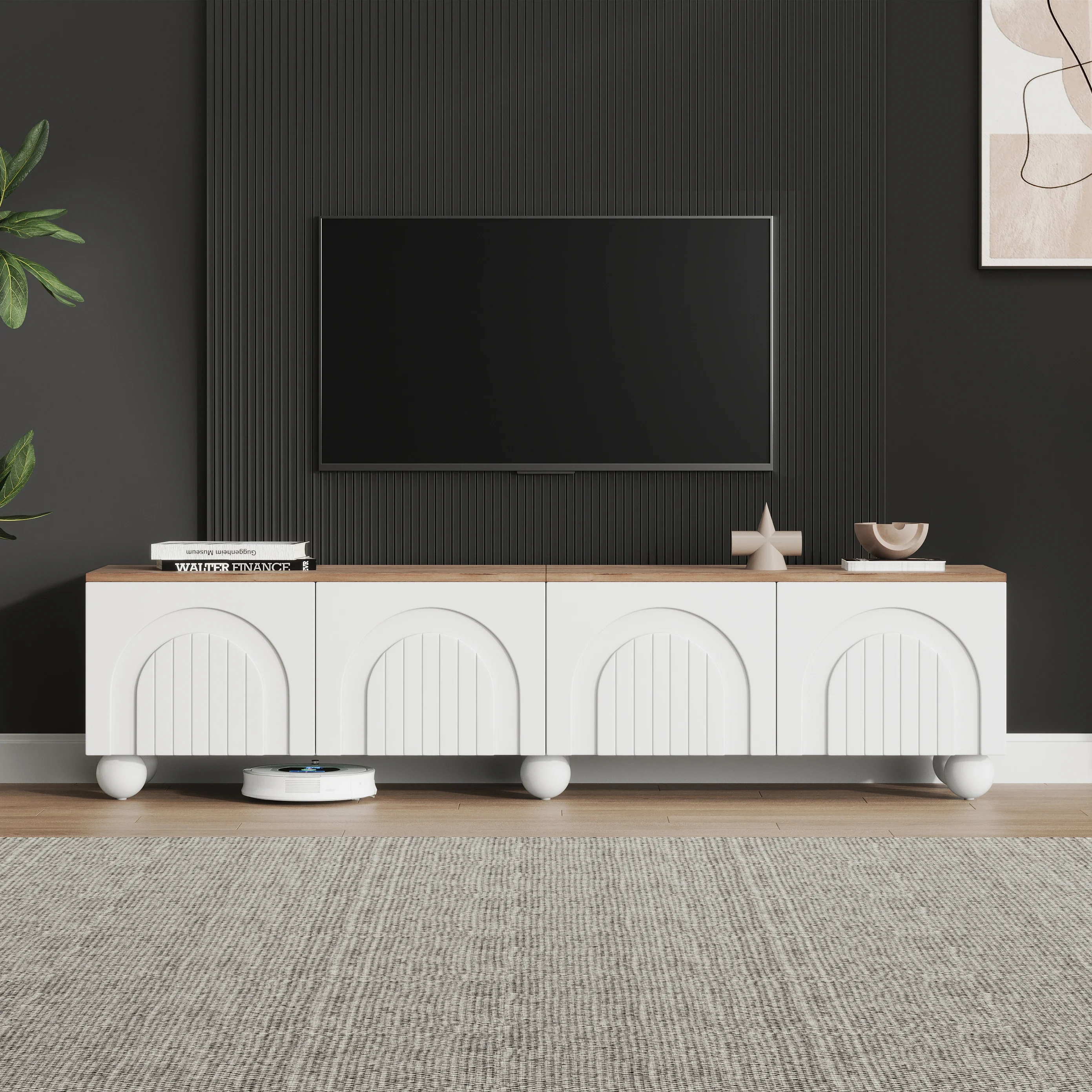 Meuble TV 180*40*45 cm. Comprend 4 étagères, un meuble/support TV, 6 pieds à billes et pieds en métal, un meuble bas/table TV, un meuble TV/un meuble TV avec tiroirs. Convient aux téléviseurs