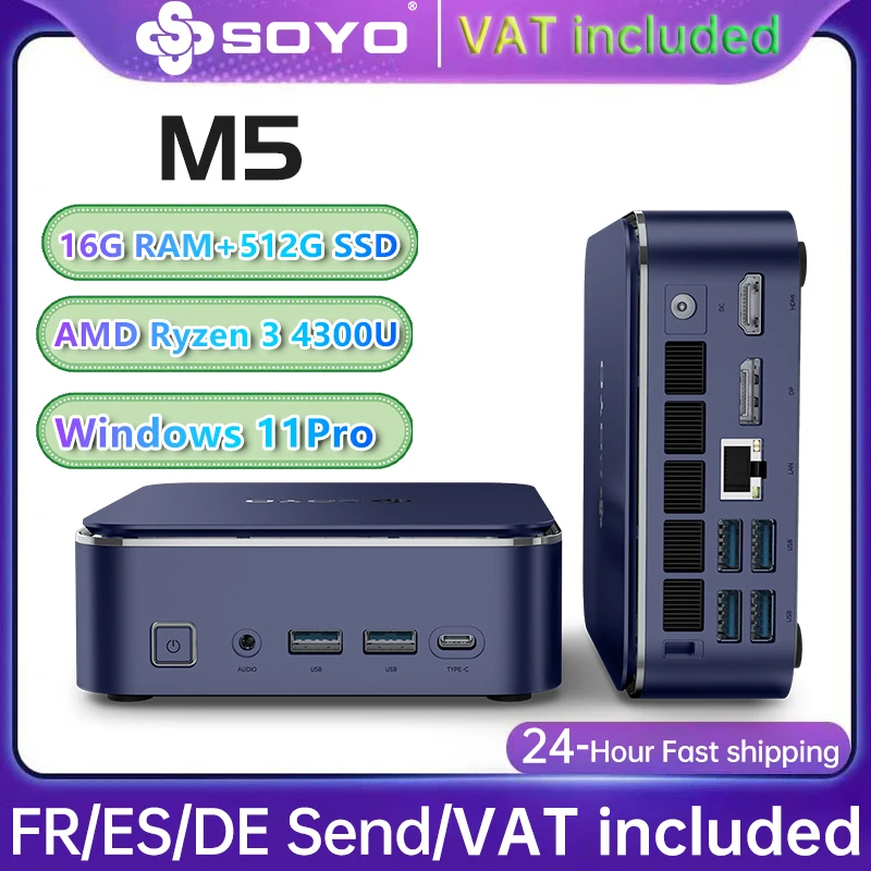 Mini PC SOYO M5 Mini AMD Ryzen 3 4300U LPDDR4 16 Go de RAM 512 Go de ROM Windows 11 Pro Ordinateur de bureau