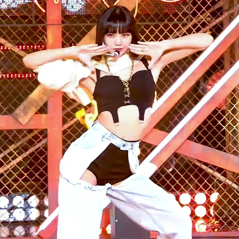Kpop LISA Hip Hop Dance Kleidung Frauen Jazz Dance Crop Tops Jeans Schwarze Weste Sexy Sänger Street Dance Performance Bühne Kostüm