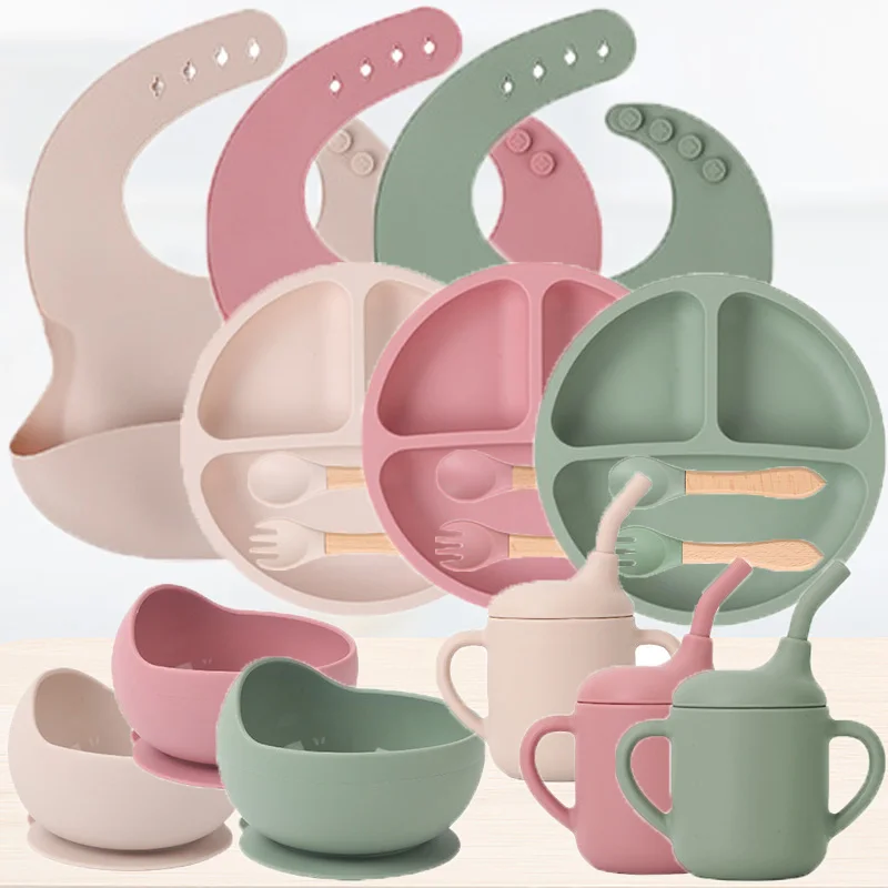 Kinder-Silikon-Geschirr-Set für Babys, ergänzendes Essen, Training, 1/2/3/5-teiliges Set, Saugnapf, Schüssel, Lätzchen, Tasse, Gabel, Löffel-Set, mütterlich