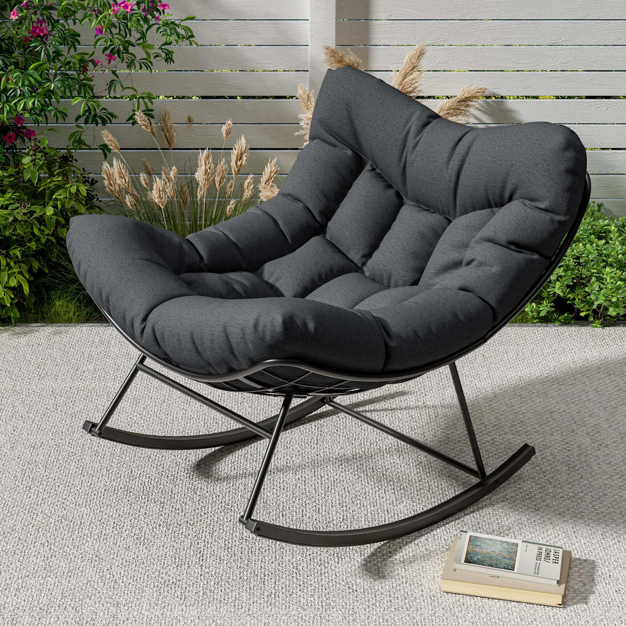 Outdoor Papasan Schaukelstuhl, Übergroßer Loungesessel mit Metallrahmen, Rattan-Ei-Schaukelstuhl für Balkon, Garten, Veranda, Schlafzimmer