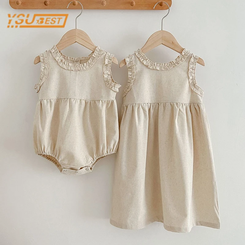 Neugeborene Kleinkind Baby Mädchen reine Farbe Overall Sommer süße Mädchen ärmellose Kinder Prinzessin Kleid Mädchen Schwester Kleidung Image